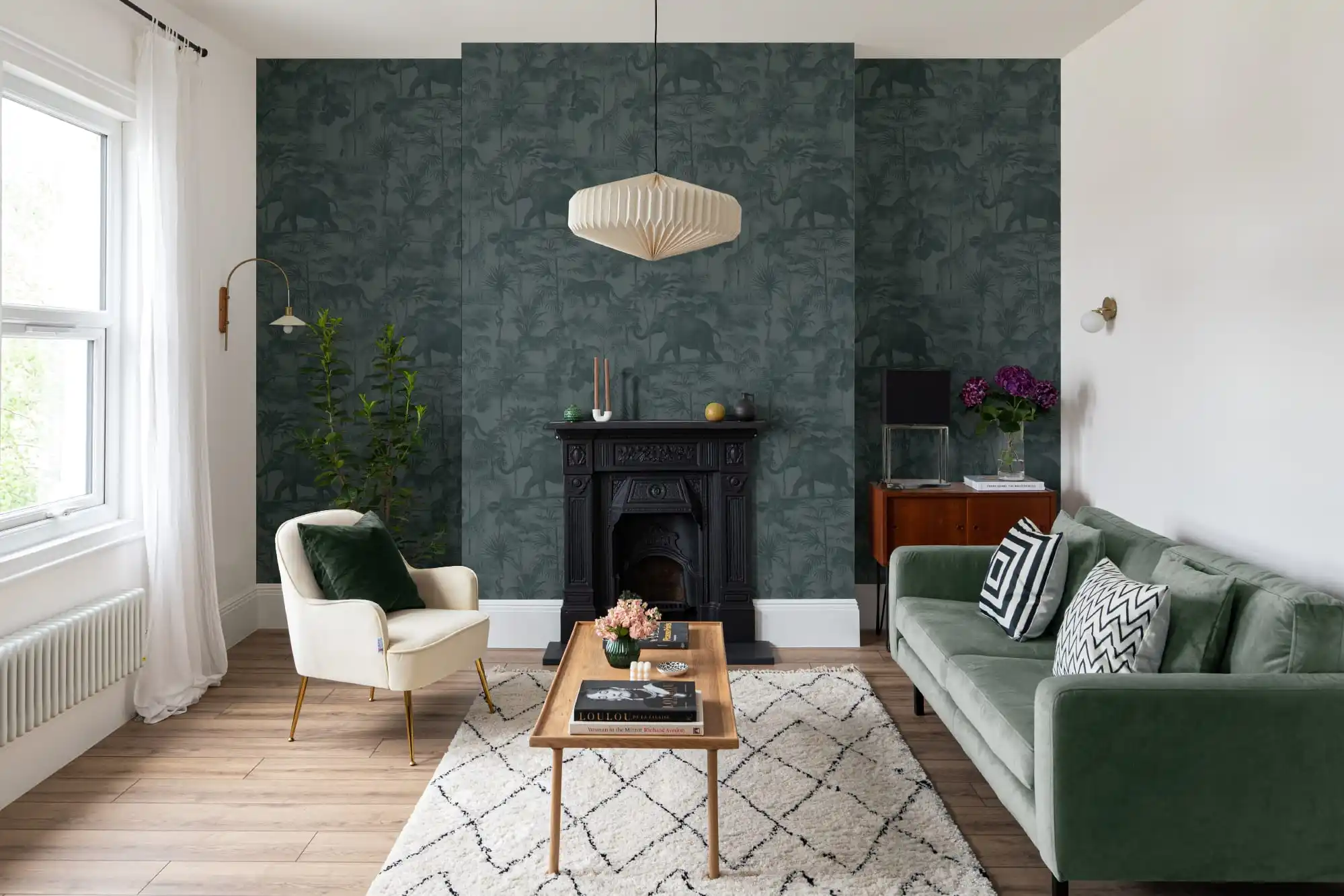 Residential wallpaper installation in a modern living room in Phoenix